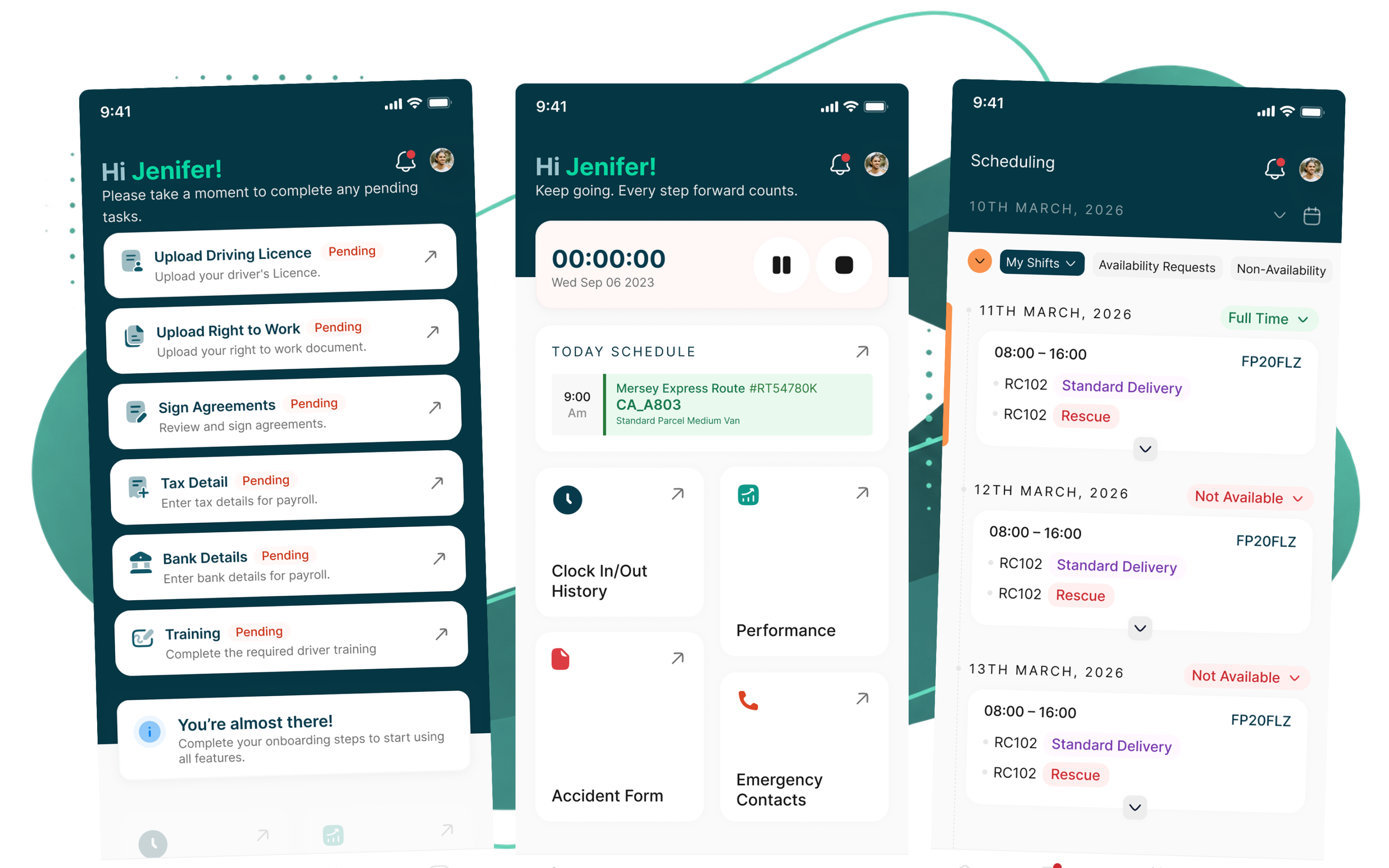 SAM driver app showing onboarding tasks, the driver dashboard and shift scheduling