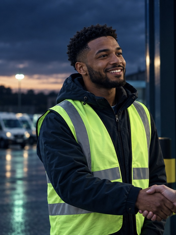 Delivery driver greeting a colleague at the depot