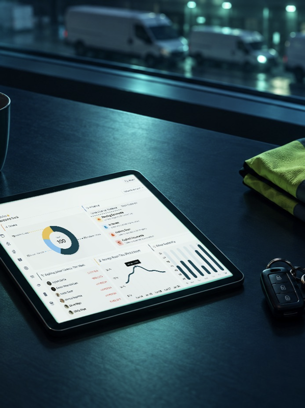 Tablet showing a logistics dashboard at a depot