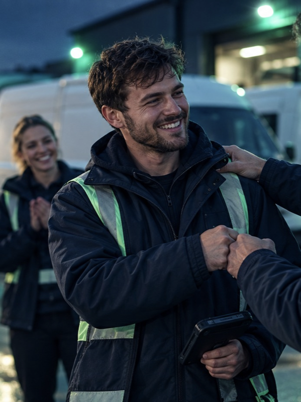 Delivery driver with colleagues outside a depot