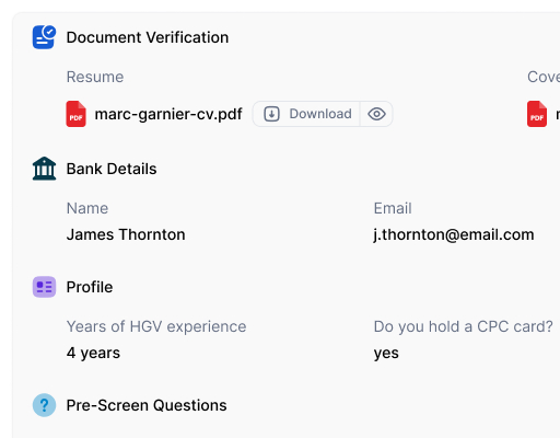 SAM driver profile with documents and pre-screen questions