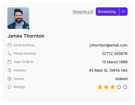 SAM applicant profile with recruitment screening status
