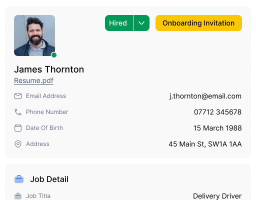 SAM hired applicant record with onboarding invitation and job details