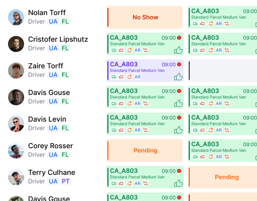 SAM driver scheduling grid with shifts and availability