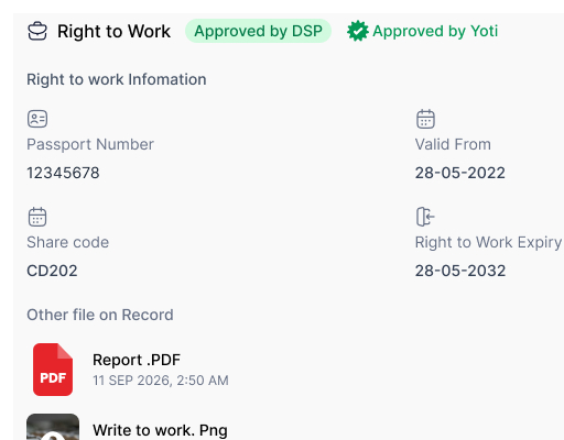 SAM Right to Work approval and supporting evidence