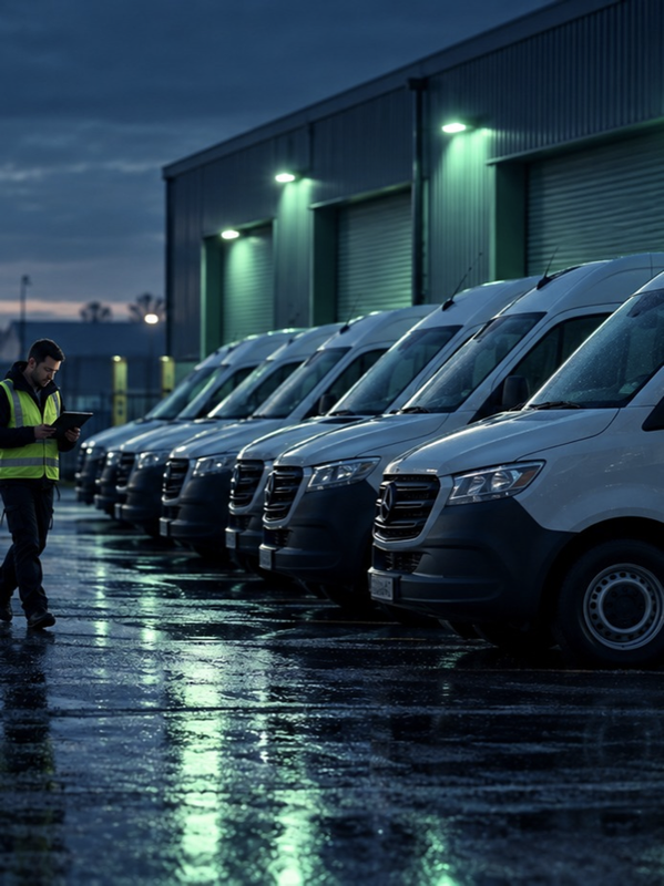 Depot operator checking a fleet of delivery vans