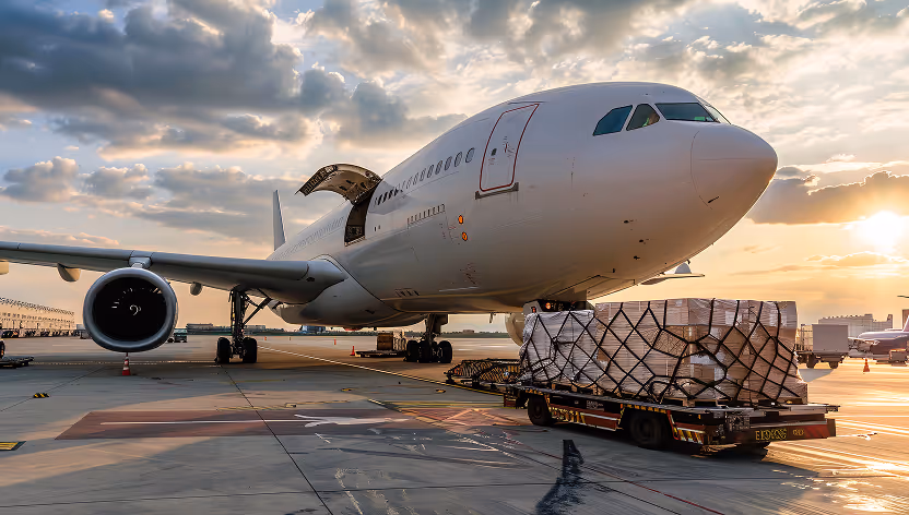 Cargo plane on airport tarmac being loaded with pallets secured by netting at sunset.