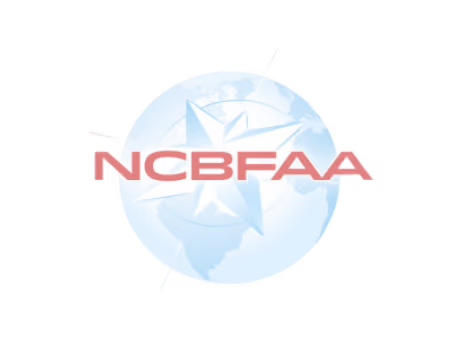 Light blue globe with a white compass rose and red letters NCBFAA across the centre.